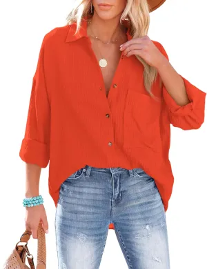 AISEW Womens Button Down Shirts Casual V Neck Long Sleeve Loose Fit Collared Plain Blouses Tops with Pocket