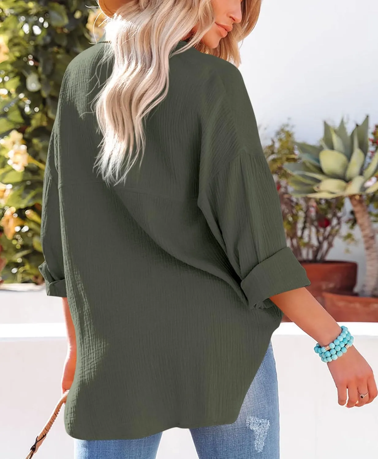 AISEW Womens Button Down Shirts Casual V Neck Long Sleeve Loose Fit Collared Plain Blouses Tops with Pocket