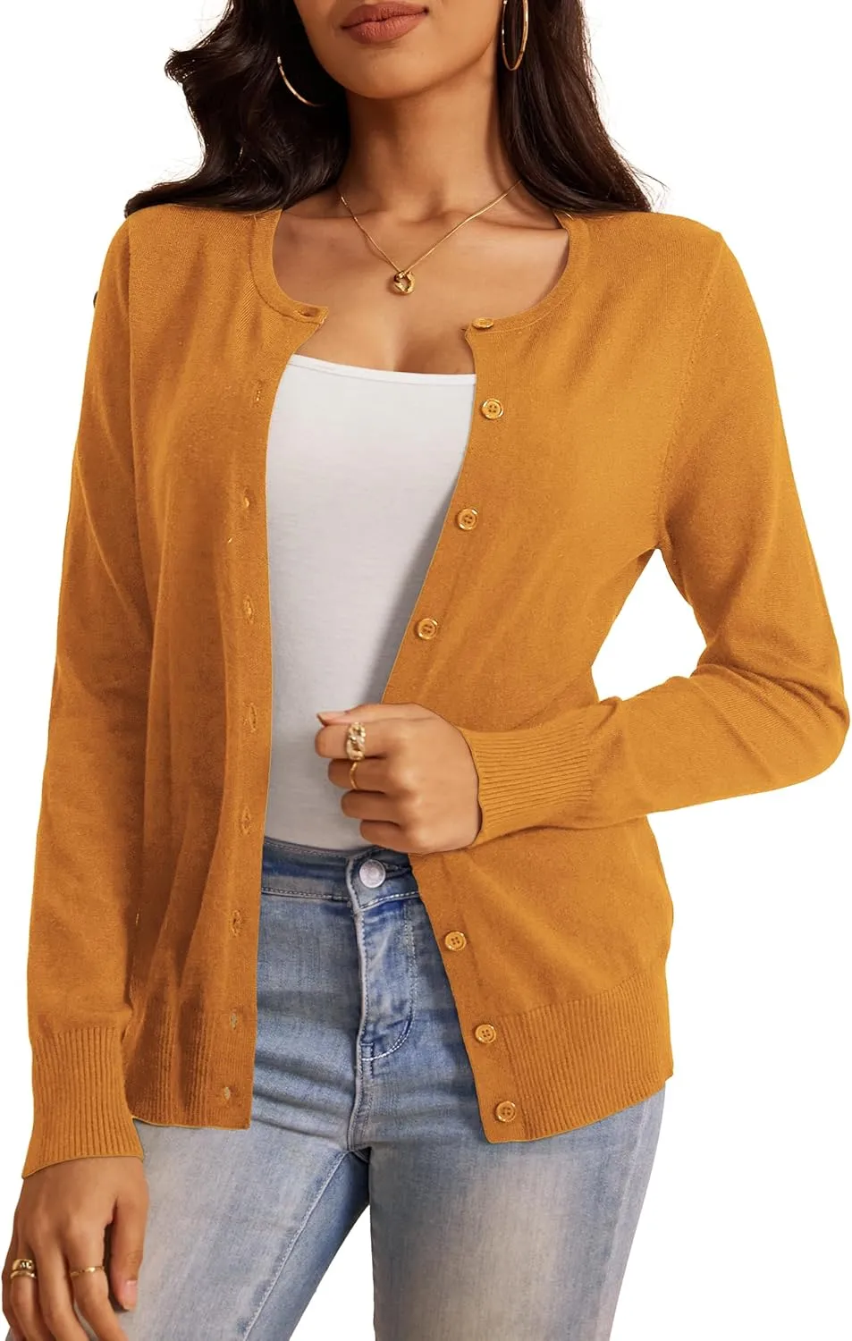a.Jesdani Women's Button Down Crew Neck Long Sleeve Soft Knit Cardigan Sweaters