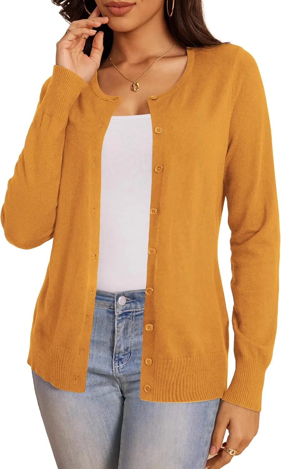 a.Jesdani Women's Button Down Crew Neck Long Sleeve Soft Knit Cardigan Sweaters