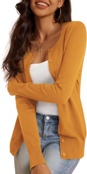 a.Jesdani Women's Button Down Crew Neck Long Sleeve Soft Knit Cardigan Sweaters