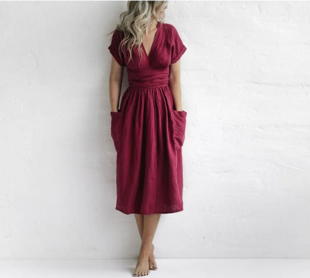 Akivide Women's Cotton Linen V Neck Short Sleeve Wrap Dress Summer Belt Kimono Cocktail Party Midi Dress with Pockets