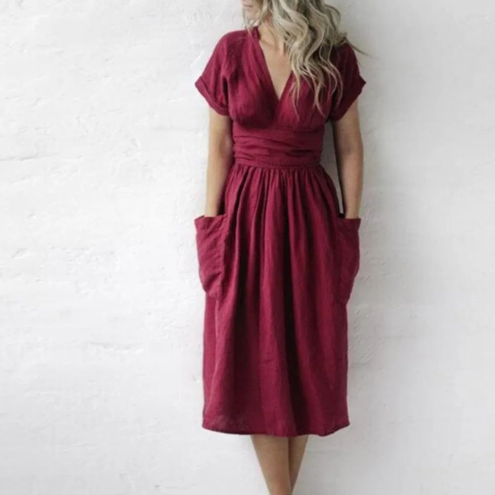 Akivide Women's Cotton Linen V Neck Short Sleeve Wrap Dress Summer Belt Kimono Cocktail Party Midi Dress with Pockets