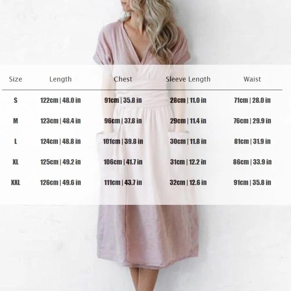 Akivide Women's Cotton Linen V Neck Short Sleeve Wrap Dress Summer Belt Kimono Cocktail Party Midi Dress with Pockets