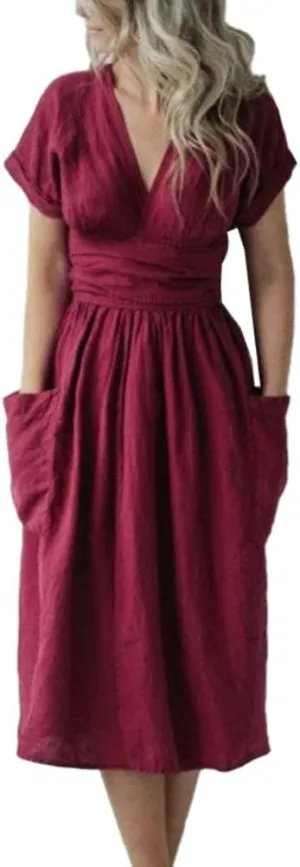 Akivide Women's Cotton Linen V Neck Short Sleeve Wrap Dress Summer Belt Kimono Cocktail Party Midi Dress with Pockets