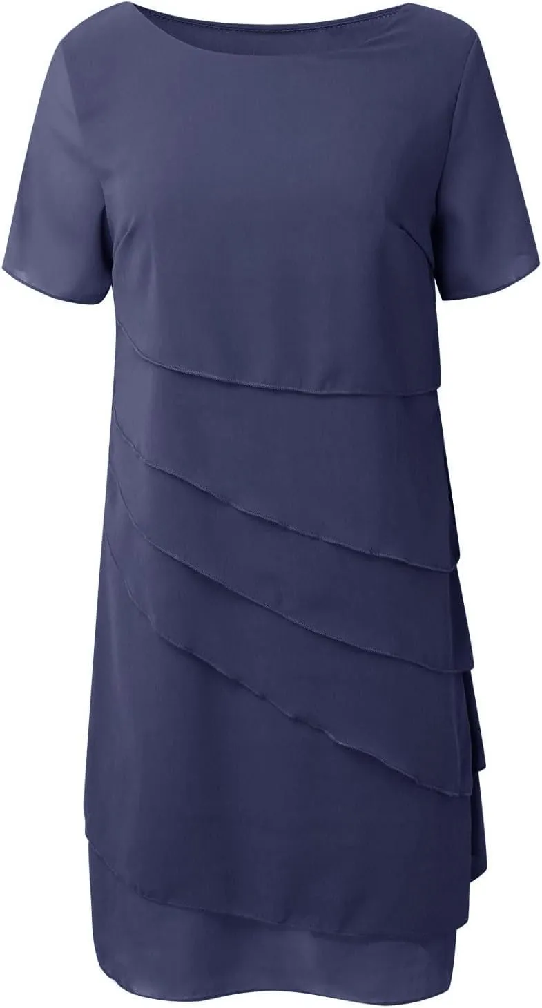 Akivide Women's Elegant Layered Chiffon Midi Dress Summer Flowy Flutter Short Sleeve Wedding Cocktail Party Dress