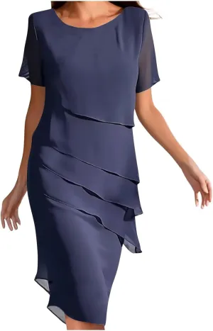 Akivide Women's Elegant Layered Chiffon Midi Dress Summer Flowy Flutter Short Sleeve Wedding Cocktail Party Dress