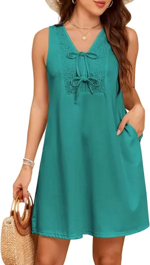 AlvaQ Women Summer Dress 2025 Bow Tie V Neck Sleeveless Mini Dresses Casual A Line Swing Beach Sundress