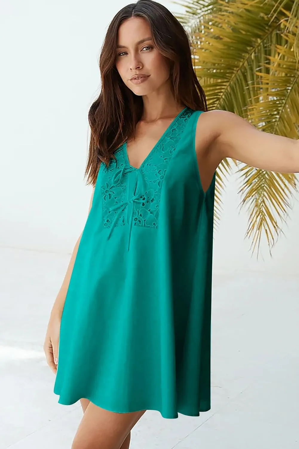 AlvaQ Women Summer Dress 2025 Bow Tie V Neck Sleeveless Mini Dresses Casual A Line Swing Beach Sundress