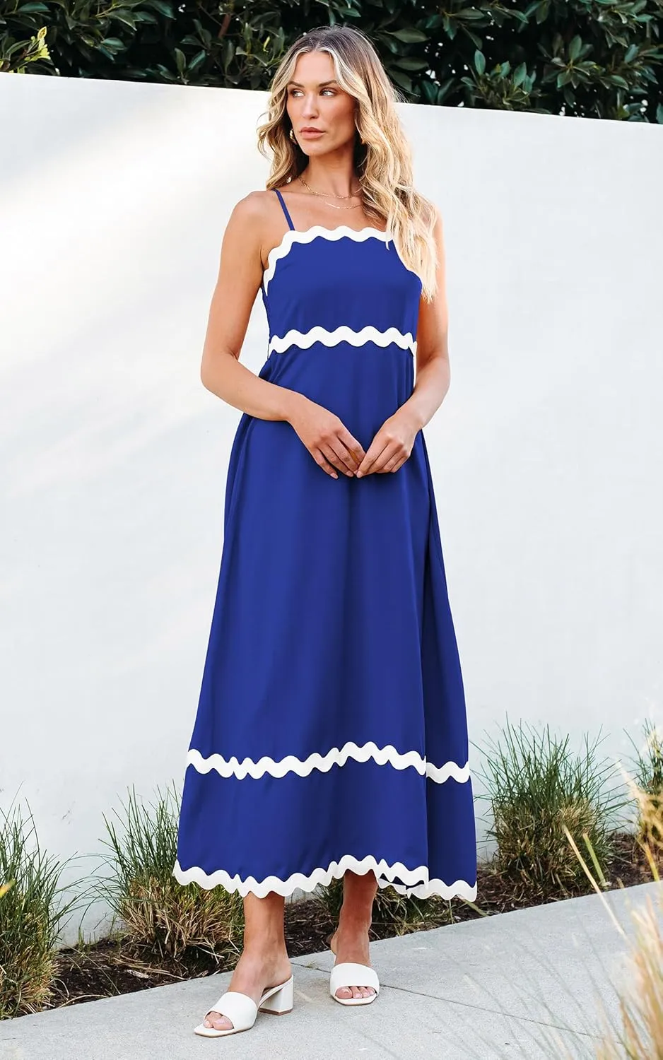 Angashion Women Summer Maxi Dress - Casual Spaghetti Strap Backless RIC Rac Fashion Flowy Long Beach Sundresses