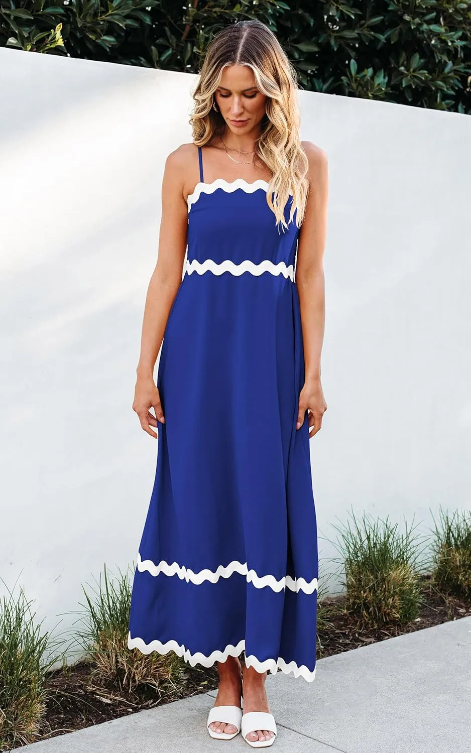 Angashion Women Summer Maxi Dress - Casual Spaghetti Strap Backless RIC Rac Fashion Flowy Long Beach Sundresses