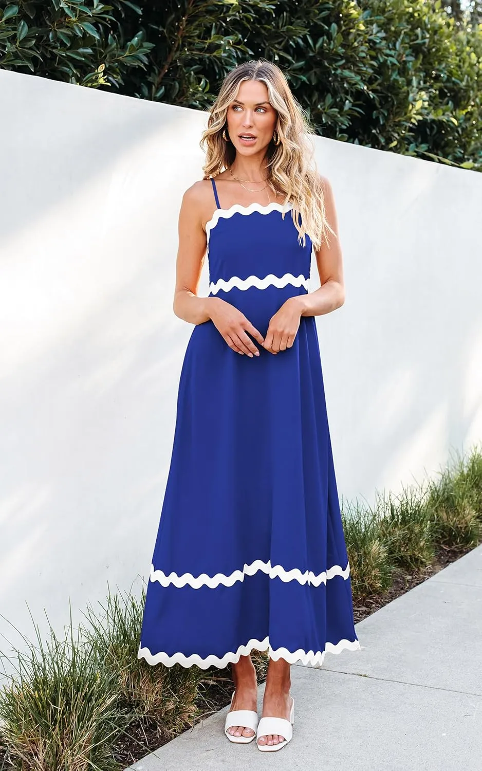 Angashion Women Summer Maxi Dress - Casual Spaghetti Strap Backless RIC Rac Fashion Flowy Long Beach Sundresses