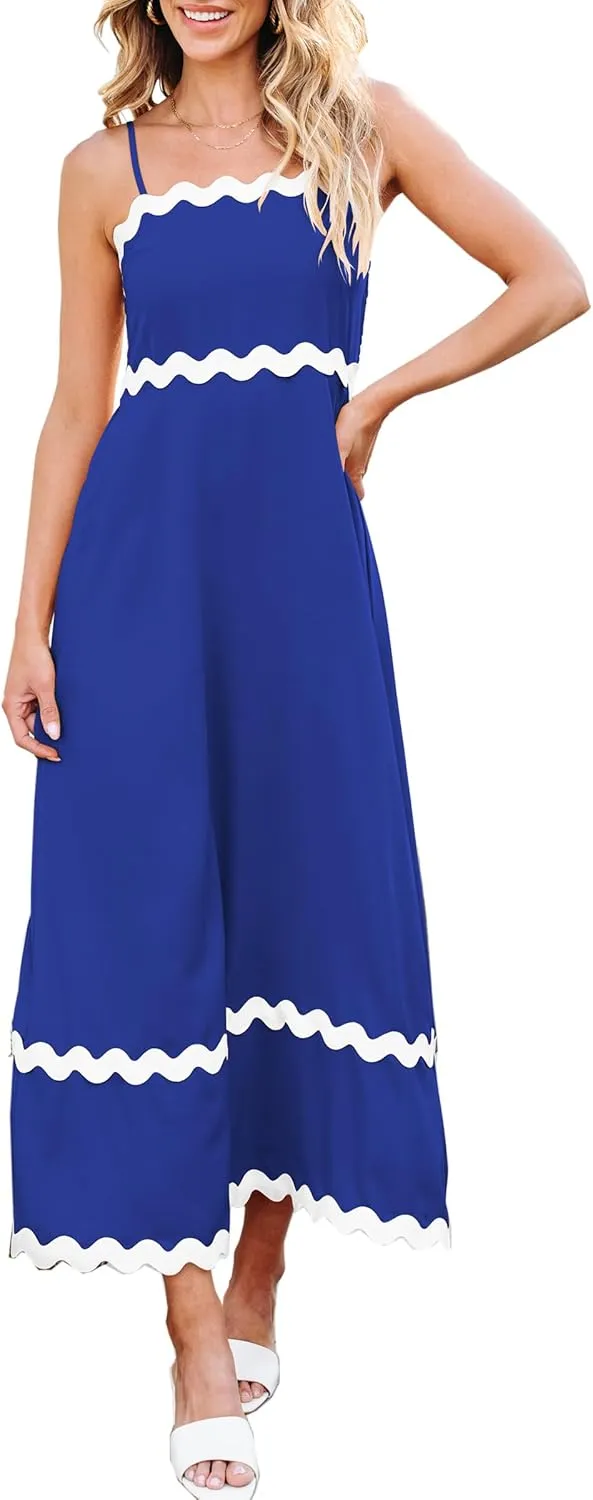 Angashion Women Summer Maxi Dress - Casual Spaghetti Strap Backless RIC Rac Fashion Flowy Long Beach Sundresses