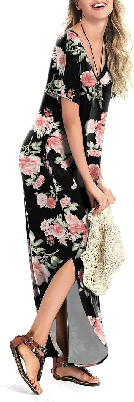 Arolina Women's Summer Maxi Dress Short Sleeve V Neck Casual Loose Long Beach Split Dresses with Pockets