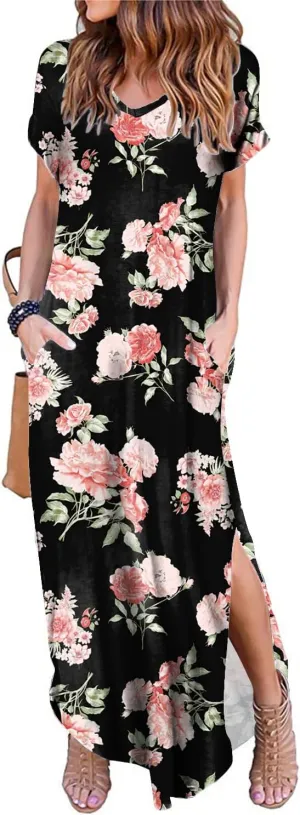 Arolina Women's Summer Maxi Dress Short Sleeve V Neck Casual Loose Long Beach Split Dresses with Pockets