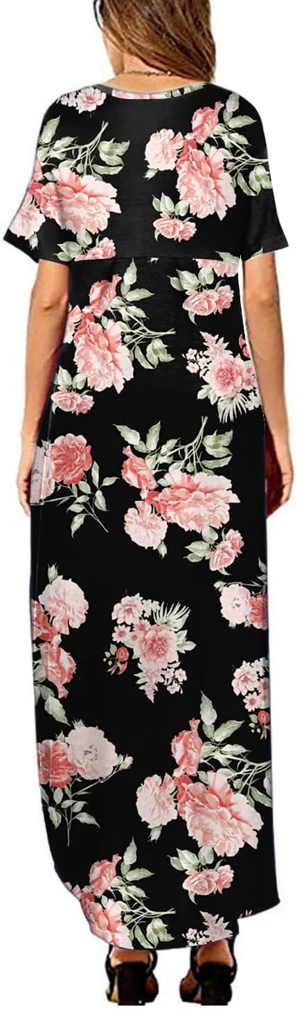 Arolina Women's Summer Maxi Dress Short Sleeve V Neck Casual Loose Long Beach Split Dresses with Pockets