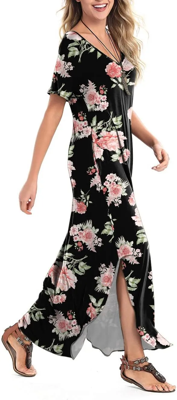 Arolina Women's Summer Maxi Dress Short Sleeve V Neck Casual Loose Long Beach Split Dresses with Pockets