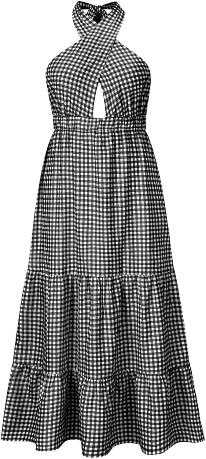 ASHER FASHION Women's Summer Plaid Maxi Dress Crossover Halter Neck Sleeveless Backless Flowy A Line Sundress