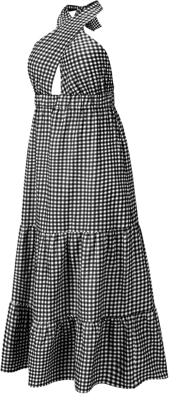 ASHER FASHION Women's Summer Plaid Maxi Dress Crossover Halter Neck Sleeveless Backless Flowy A Line Sundress
