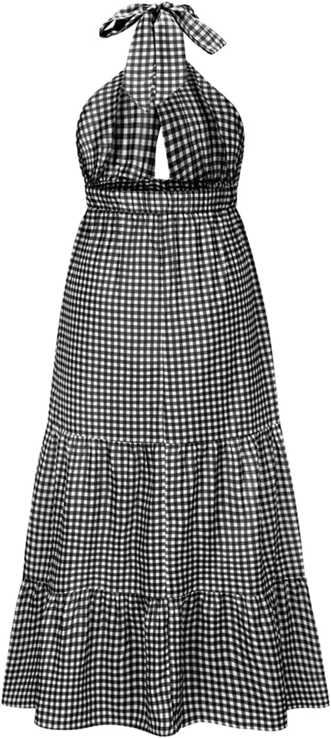 ASHER FASHION Women's Summer Plaid Maxi Dress Crossover Halter Neck Sleeveless Backless Flowy A Line Sundress