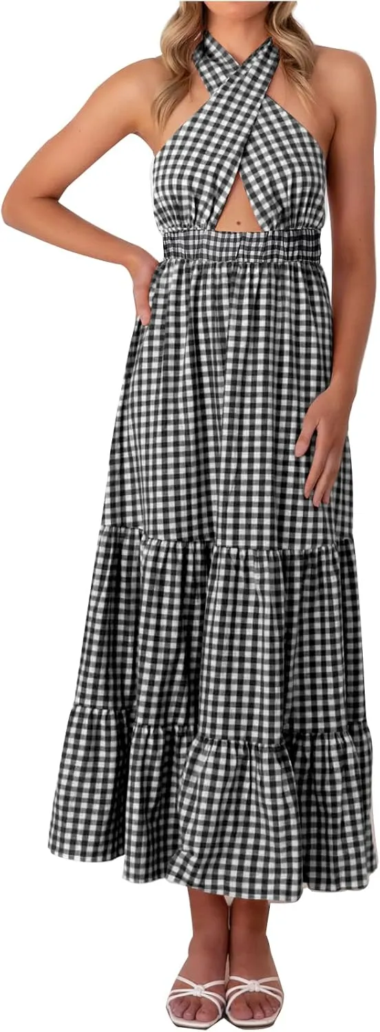 ASHER FASHION Women's Summer Plaid Maxi Dress Crossover Halter Neck Sleeveless Backless Flowy A Line Sundress