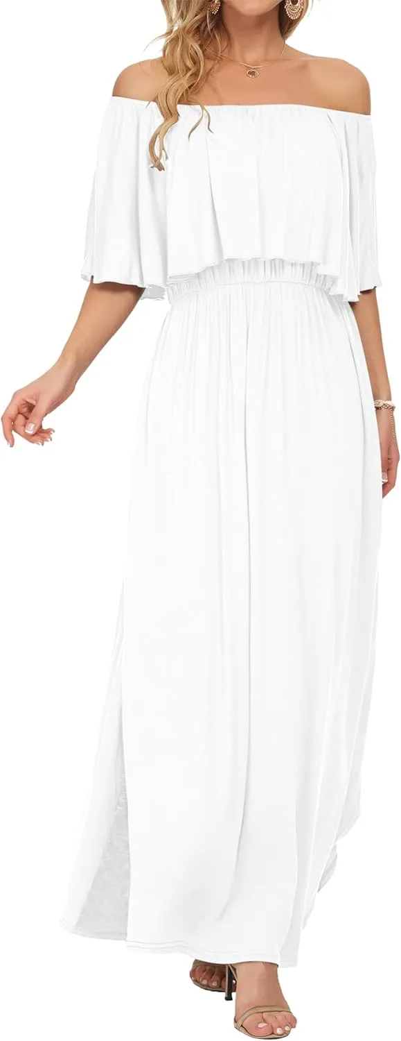AUSELILY Womens Off The Shoulder Dress Summer Casual Long Ruffle Party Side Split Beach Maxi Dresses with Pockets