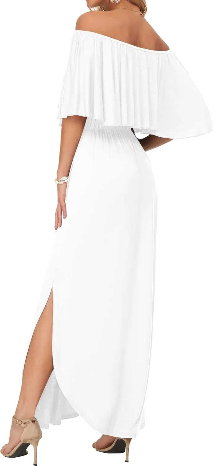 AUSELILY Womens Off The Shoulder Dress Summer Casual Long Ruffle Party Side Split Beach Maxi Dresses with Pockets