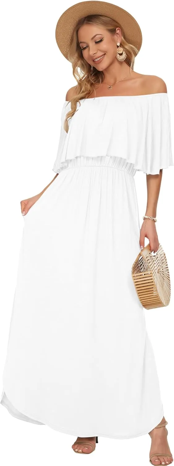 AUSELILY Womens Off The Shoulder Dress Summer Casual Long Ruffle Party Side Split Beach Maxi Dresses with Pockets