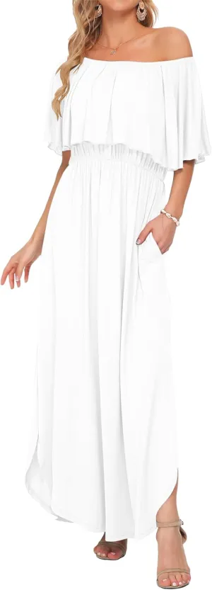 AUSELILY Womens Off The Shoulder Dress Summer Casual Long Ruffle Party Side Split Beach Maxi Dresses with Pockets
