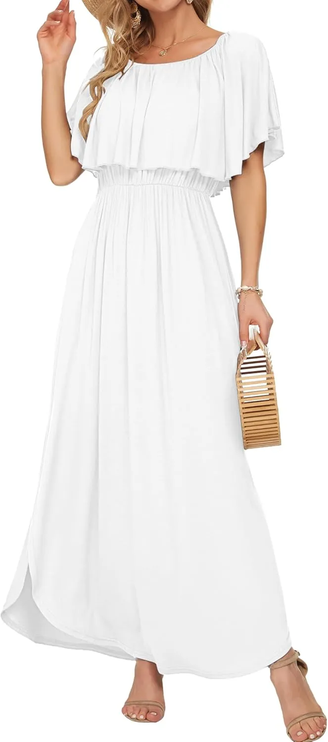 AUSELILY Womens Off The Shoulder Dress Summer Casual Long Ruffle Party Side Split Beach Maxi Dresses with Pockets