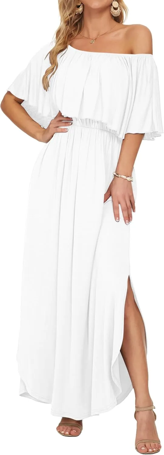 AUSELILY Womens Off The Shoulder Dress Summer Casual Long Ruffle Party Side Split Beach Maxi Dresses with Pockets