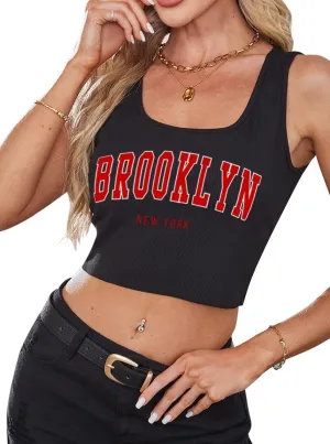 Avanova Women Ribbed Knit Graphic Crop Top Sleeveless Sexy Summer Tank Shirt