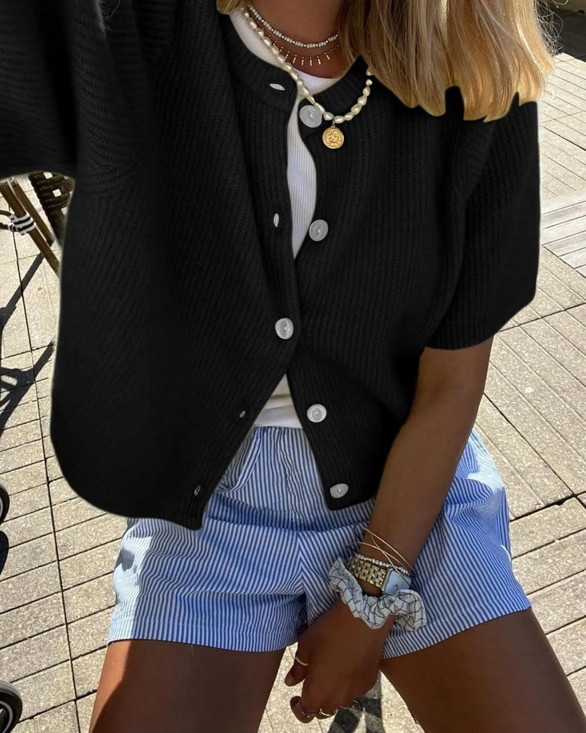 BAIGRAM Women Button Up Short Sleeve Cardigan Crew Neck Cropped Oversized Sweaters Cute Going Out Knit Y2K Tops