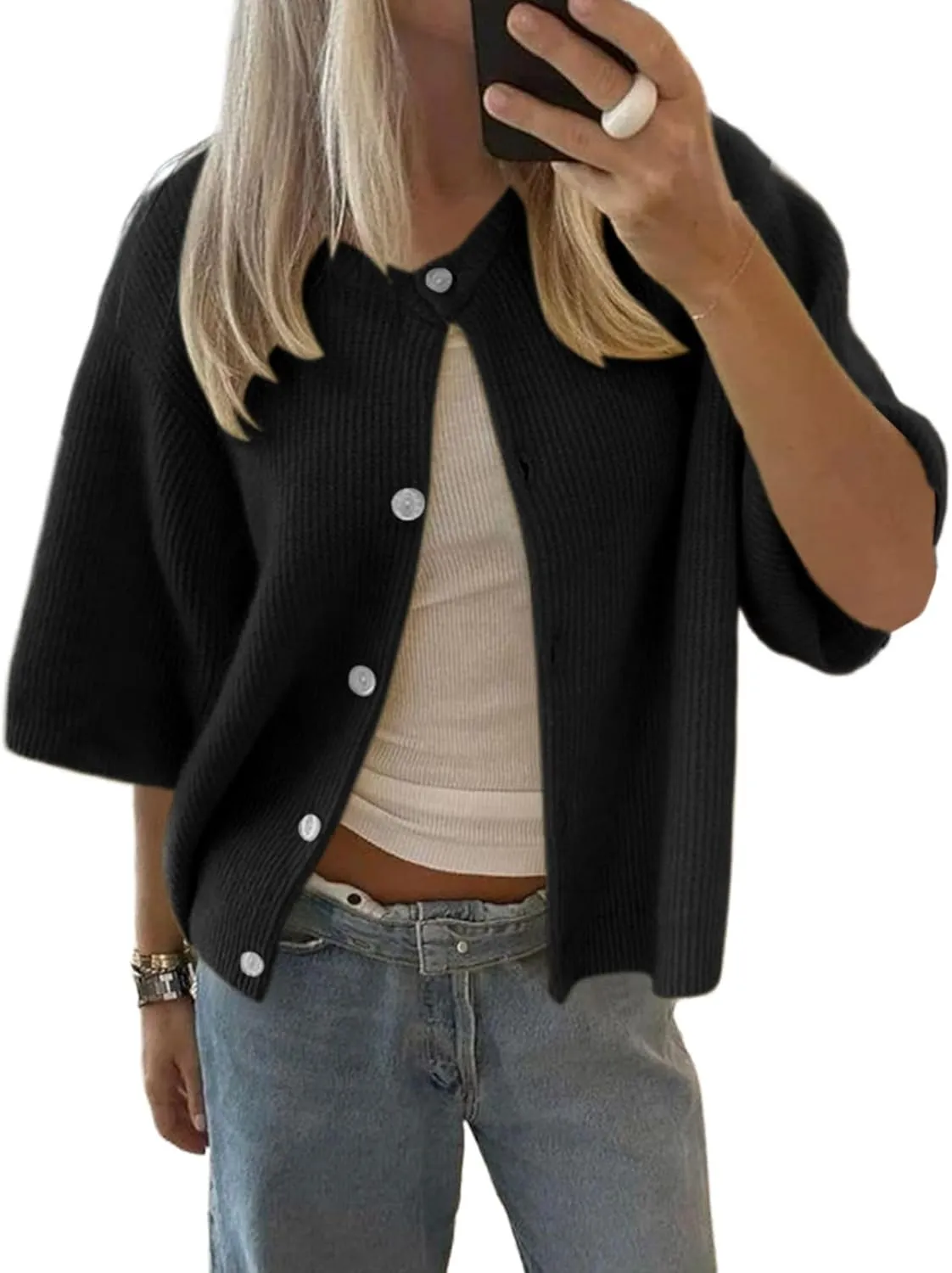 BAIGRAM Women Button Up Short Sleeve Cardigan Crew Neck Cropped Oversized Sweaters Cute Going Out Knit Y2K Tops