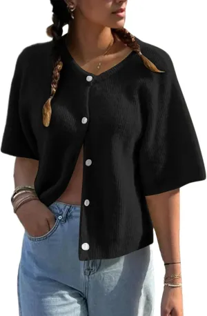 BAIGRAM Women Button Up Short Sleeve Cardigan Crew Neck Cropped Oversized Sweaters Cute Going Out Knit Y2K Tops