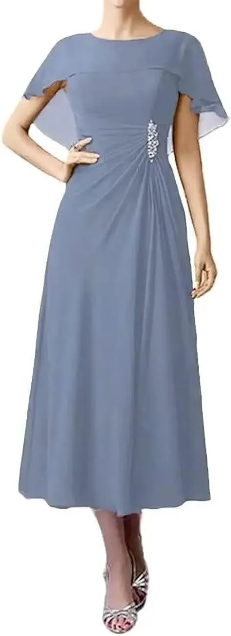 Bat Sleeves Mother of The Bride Dresses Tea Length Pleated Chiffon Cloak Formal Evening Gown for Wedding