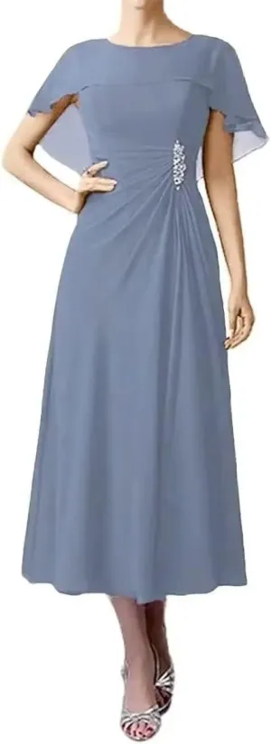 Bat Sleeves Mother of The Bride Dresses Tea Length Pleated Chiffon Cloak Formal Evening Gown for Wedding