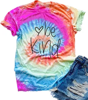 Be Kind Tie Dye T-Shirt for Women Inspirational Graphic Tee Letter Print Casual Short Sleeve Tops