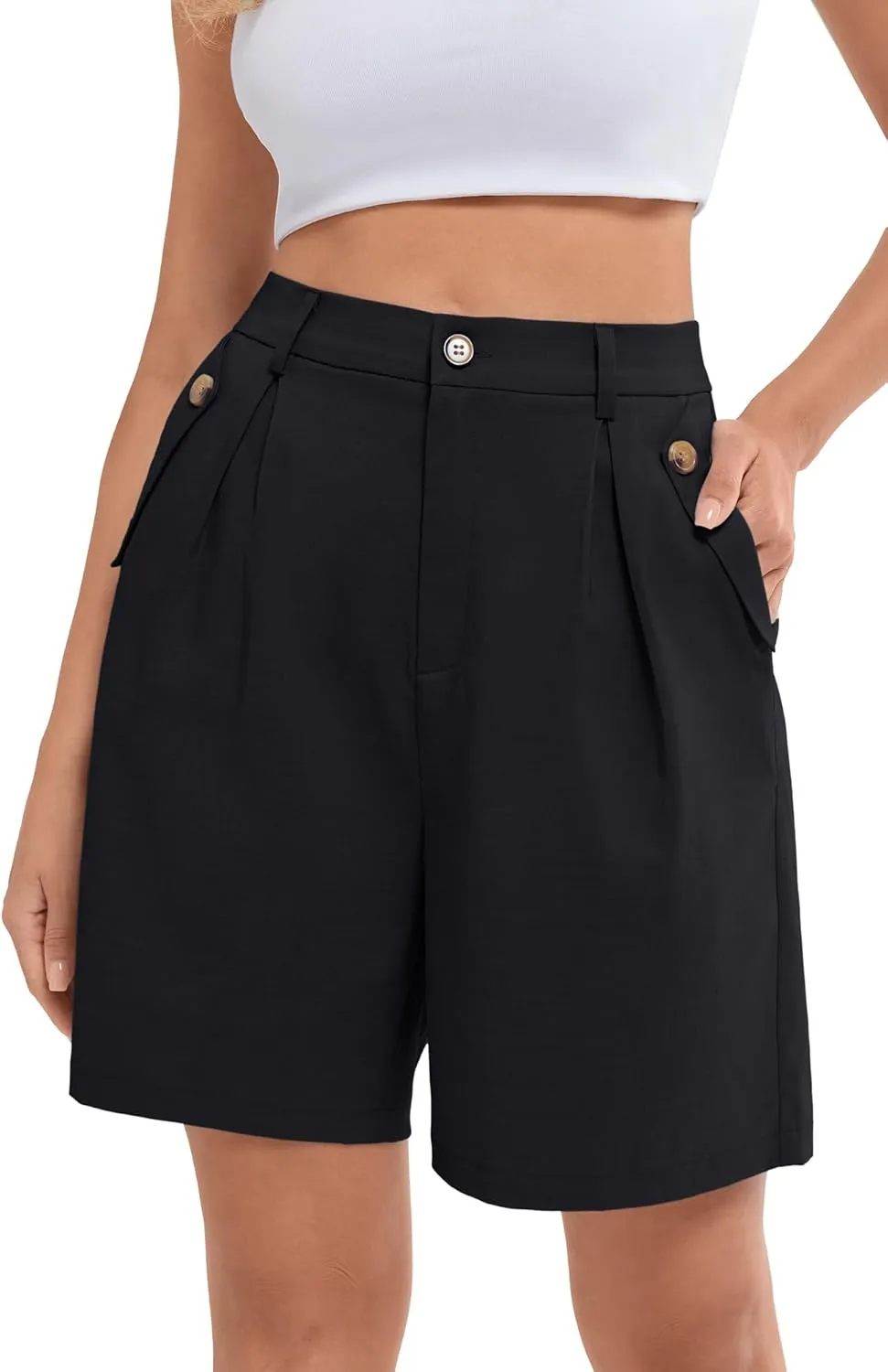 Belle Poque Women Bermuda Shorts High Waisted Wide Leg Shorts Dressy Casual Shorts with Pockets