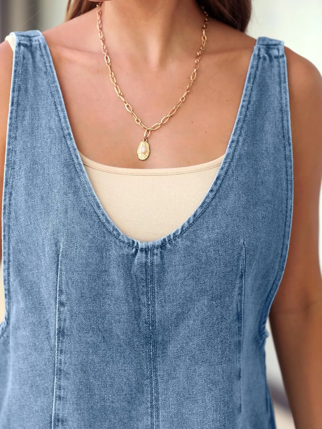 BerryGo Women's Denim V Neck Sleeveless Overall Dress Casual Mini Pinafore Dress Short Jumper Jeans Dress with Pocket
