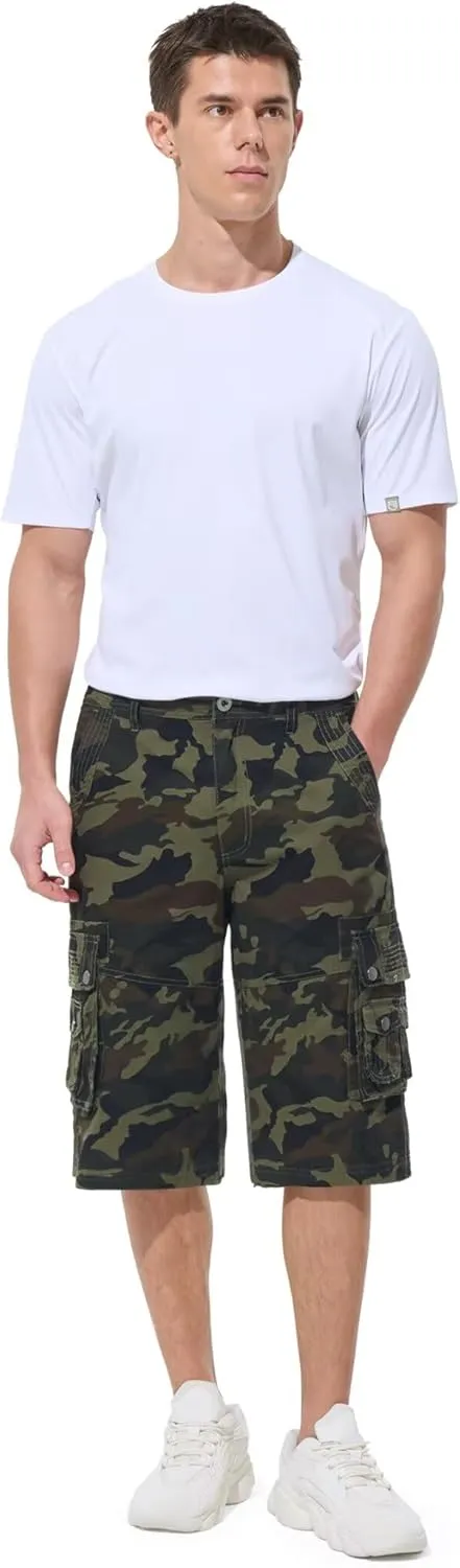 BEST SOUTH Men's Capri Long Twill Cargo Shorts Below Knee 13 Inches Cotton Relaxed Fit Casual Multi-Pocket