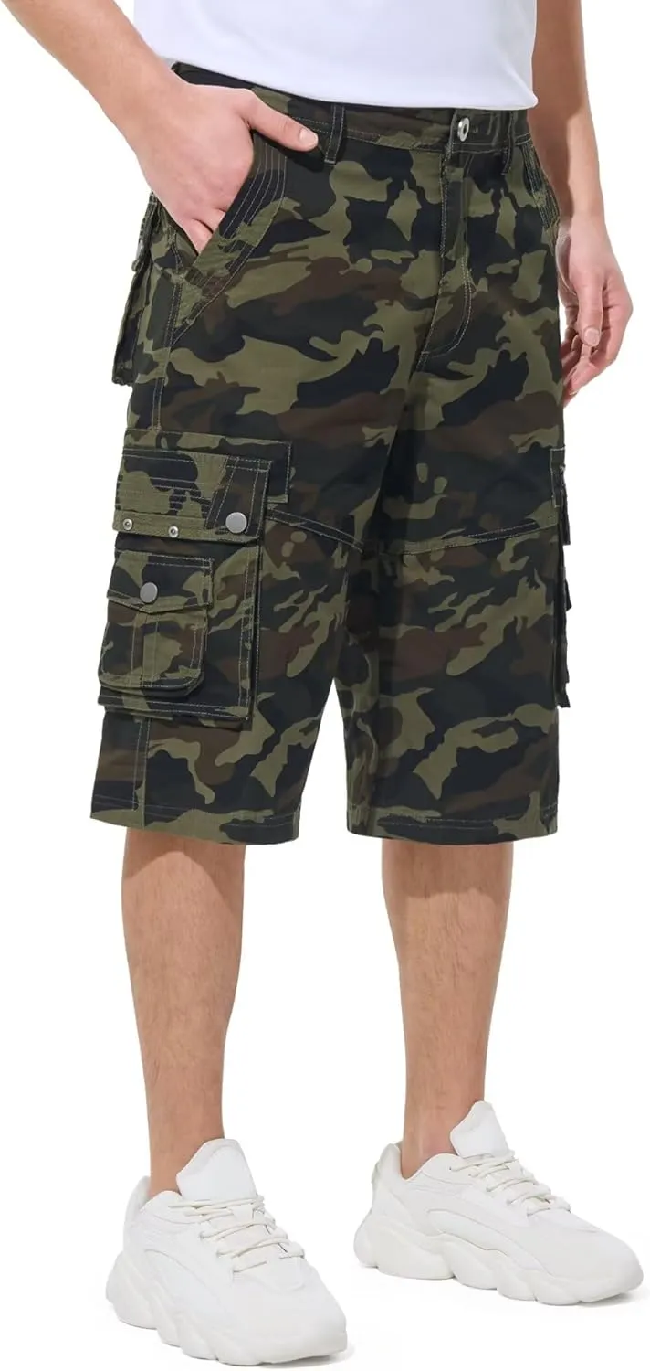 BEST SOUTH Men's Capri Long Twill Cargo Shorts Below Knee 13 Inches Cotton Relaxed Fit Casual Multi-Pocket