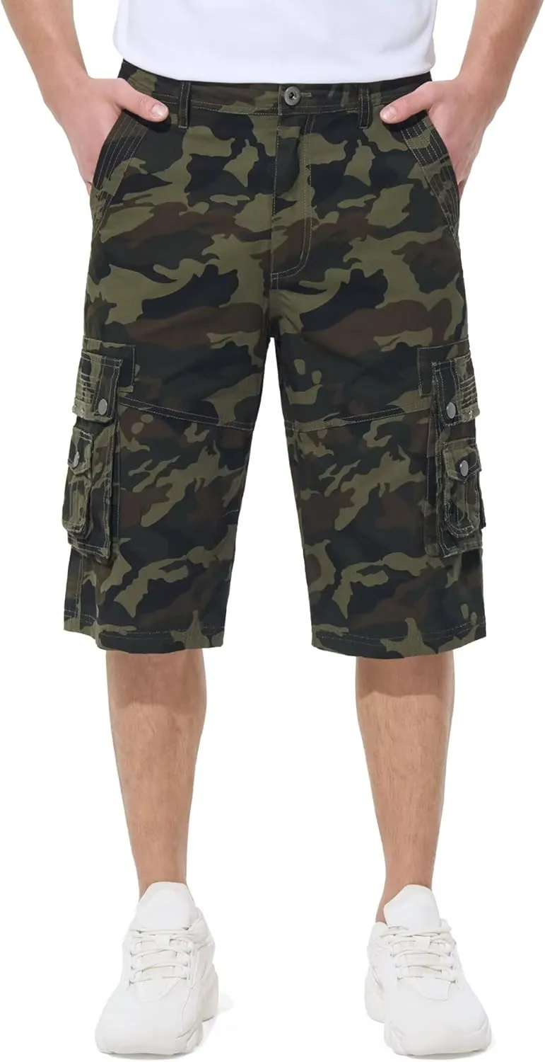 BEST SOUTH Men's Capri Long Twill Cargo Shorts Below Knee 13 Inches Cotton Relaxed Fit Casual Multi-Pocket