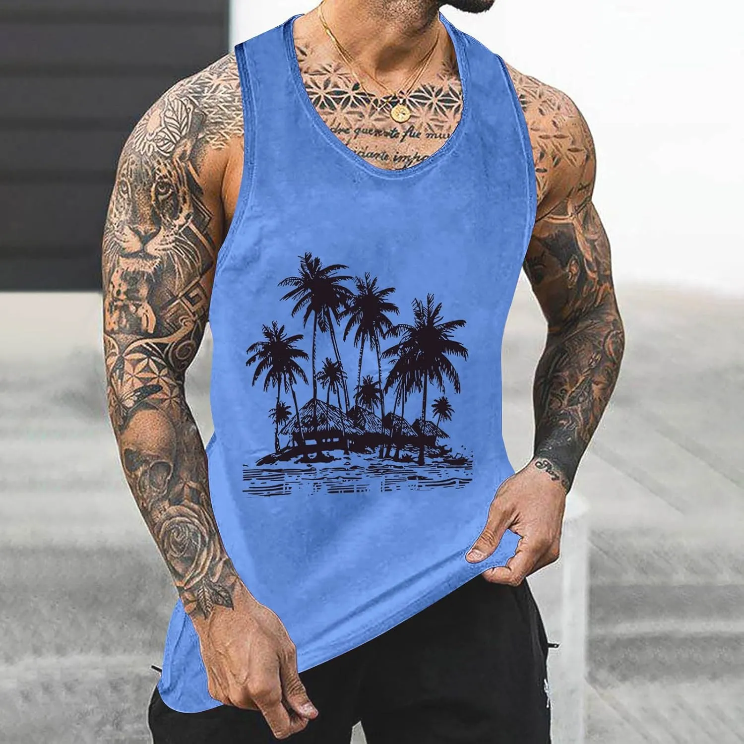 Big and Tall Graphic Tank Tops for Men Sleeveless Palm Tree Shirts Pullover Loose Running Workout Tops Muscle Vest