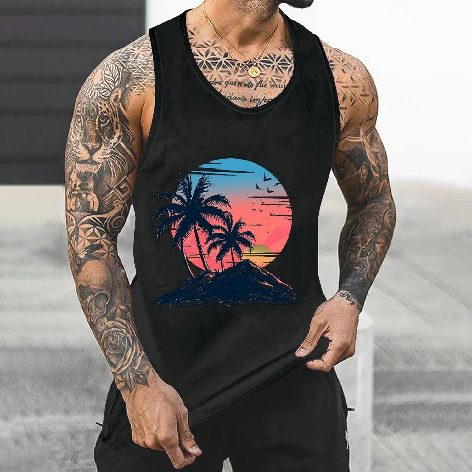 Big and Tall Graphic Tank Tops for Men Sleeveless Palm Tree Shirts Pullover Loose Running Workout Tops Muscle Vest