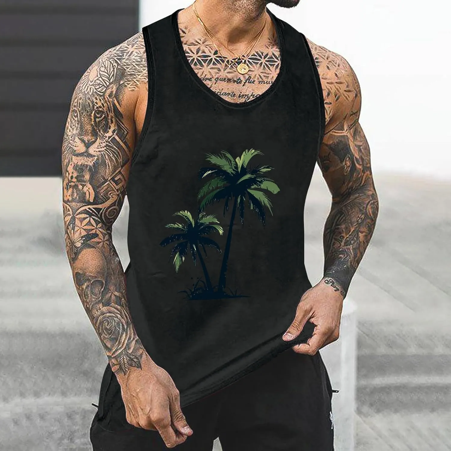 Big and Tall Graphic Tank Tops for Men Sleeveless Palm Tree Shirts Pullover Loose Running Workout Tops Muscle Vest