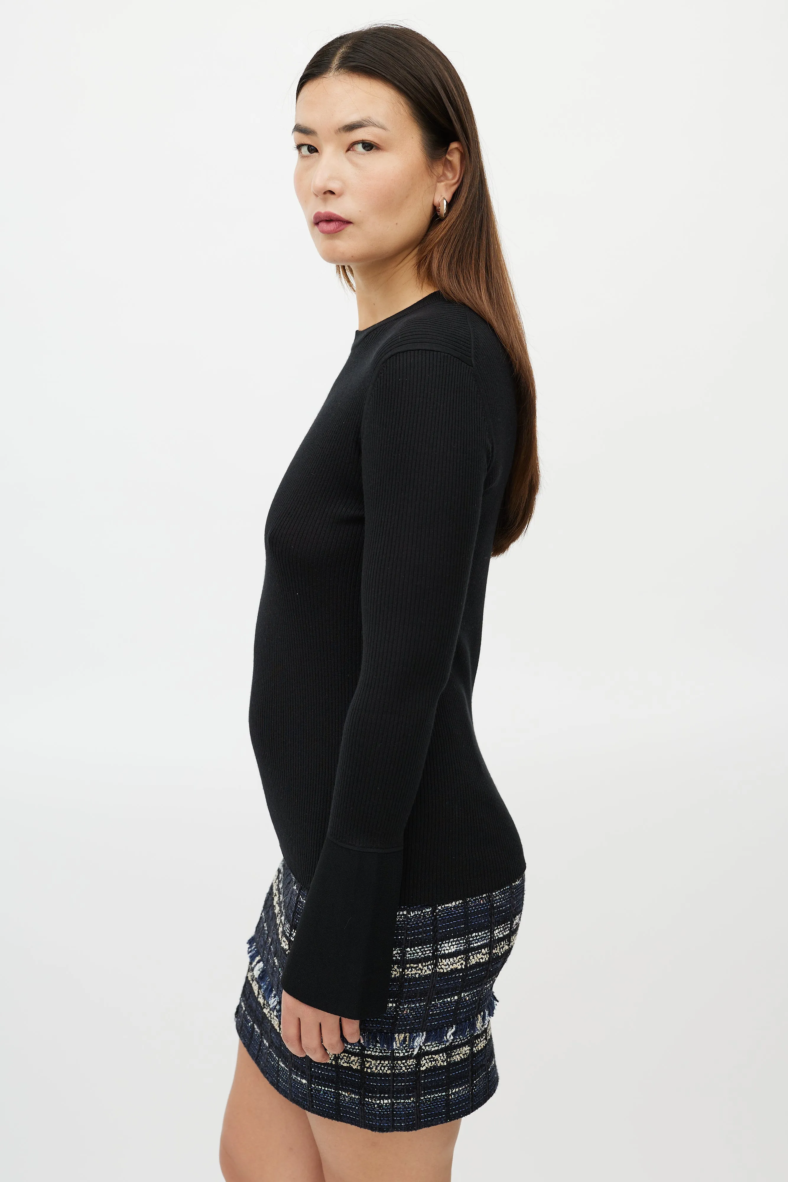 Black Silk Ribbed Bell Sleeve Sweater