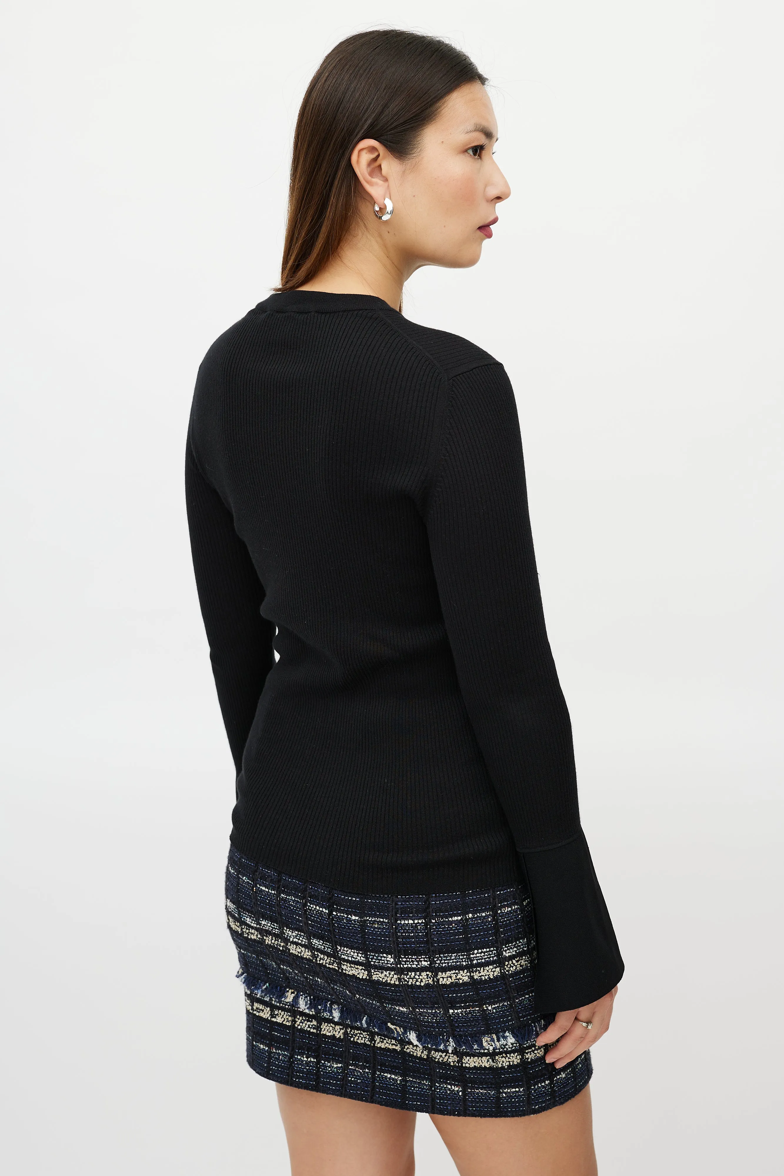 Black Silk Ribbed Bell Sleeve Sweater