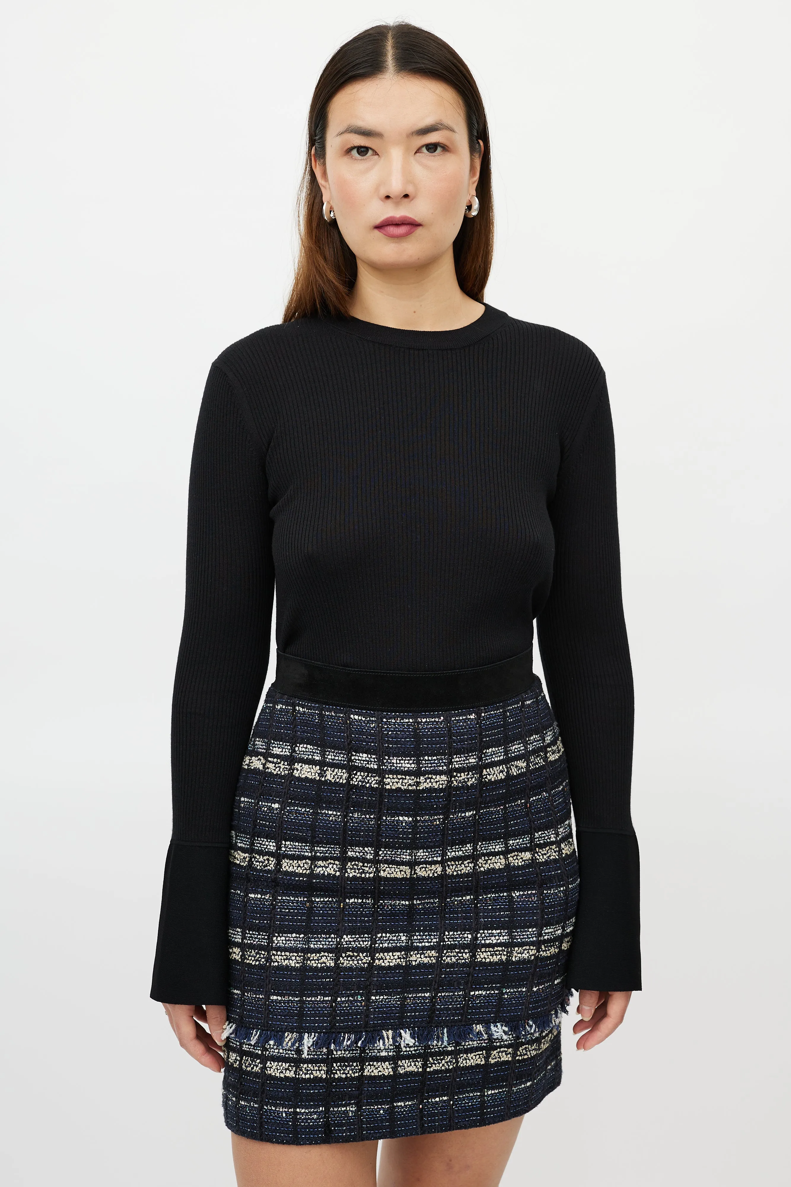 Black Silk Ribbed Bell Sleeve Sweater