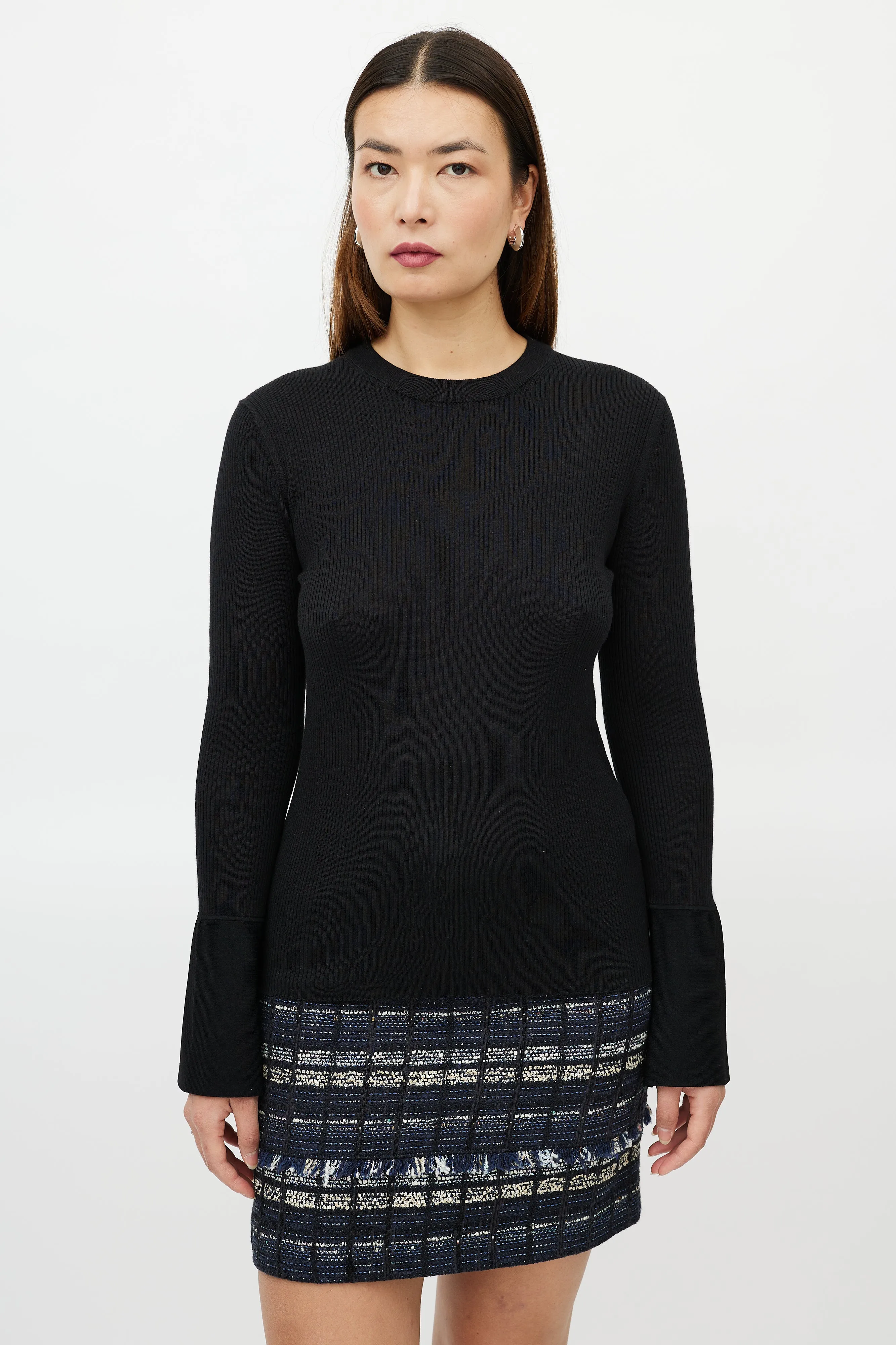 Black Silk Ribbed Bell Sleeve Sweater